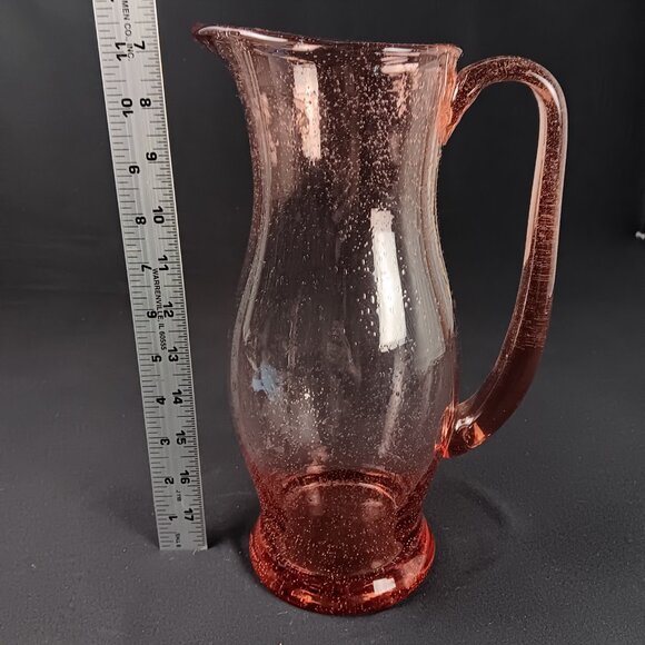 Pink Art Deco Glass Pitcher Air Bubble Applied Handle Heavy Bottom 62oz - Picture 5 of 5